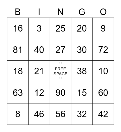 math Bingo Card