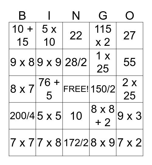 Math IPAD Bingo Card