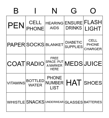 Disaster Preparedness Bingo Card