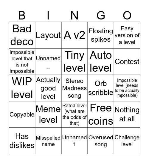 Recent Level Bingo II Bingo Card