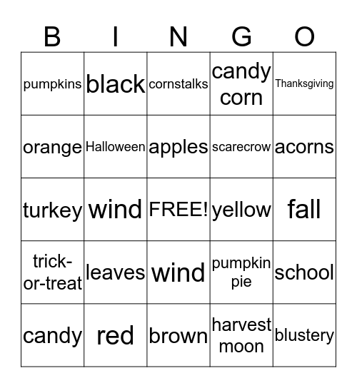 Fall Bingo Card