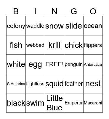 Penguin Bingo Card