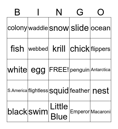 Penguin Bingo Card