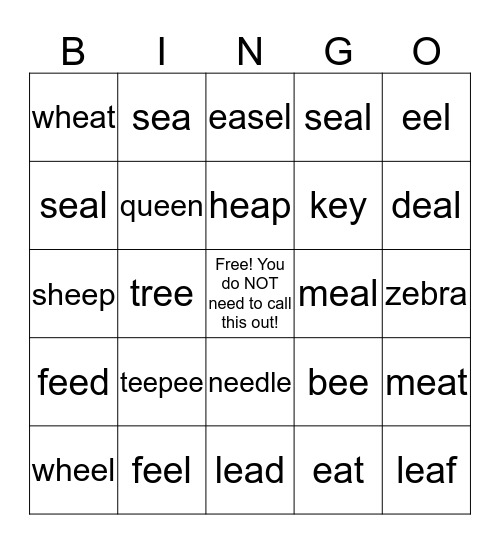 Long E Pronunciation Bingo Card
