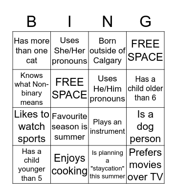Gender Creative Families Bingo Card