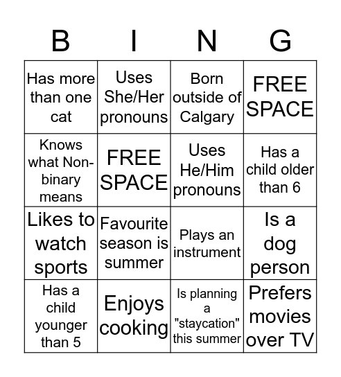 Gender Creative Families Bingo Card