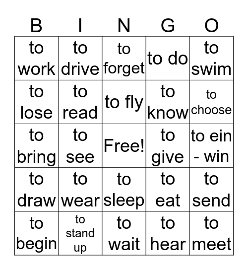 past simple of the verbs Bingo Card