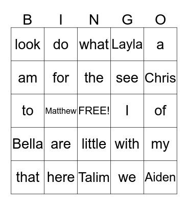 SIGHT WORDS Bingo Card