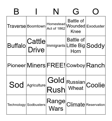 Westward Expansion Bingo Card