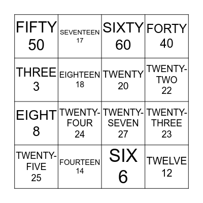 ENGLISH NUMBERS Bingo Card