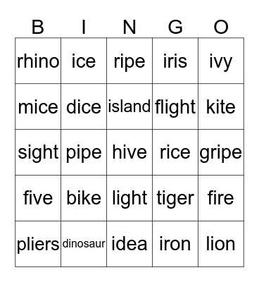 Long I Bingo Card