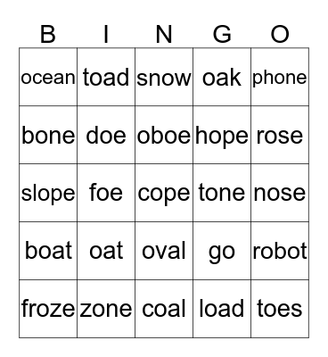 Long O Bingo Card