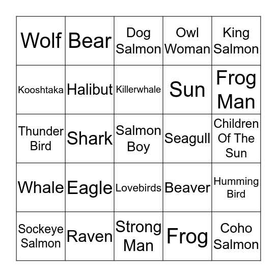 Tlingit sprits Bingo Card