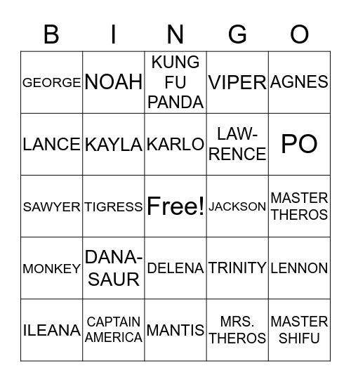 KUNG FU NAMES Bingo Card