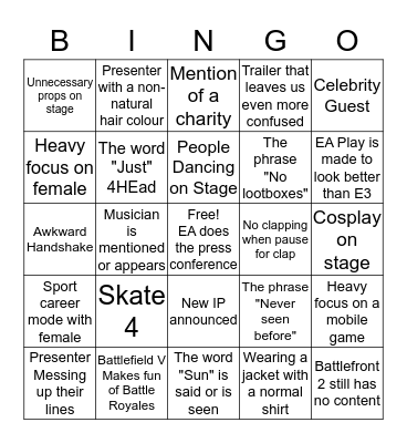 EA Press Conference Bingo Card
