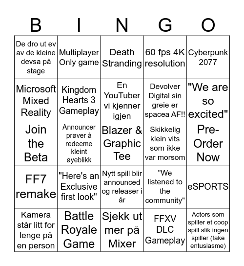 E3 Bingo Card