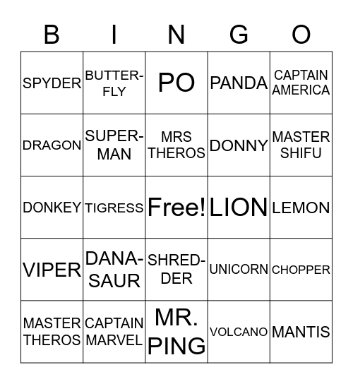 KUNG FU NAMES Bingo Card