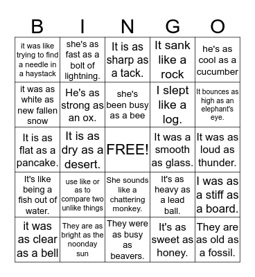 Figurative Language Similie Riddle Bingo Card