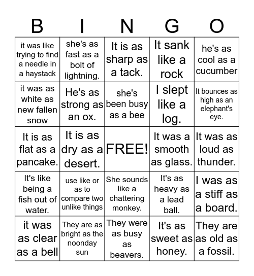 Figurative Language Similie Riddle Bingo Card