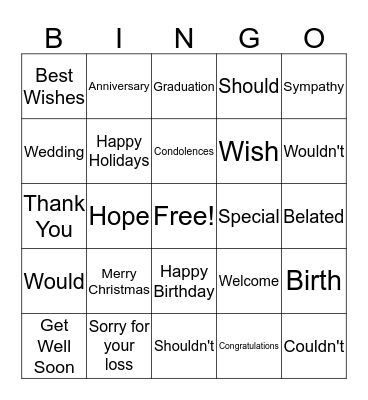 Special Events Bingo Card