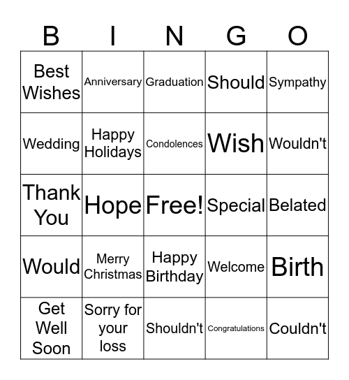 Special Events Bingo Card
