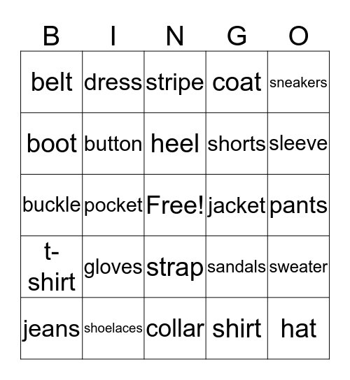 clothing Bingo Card