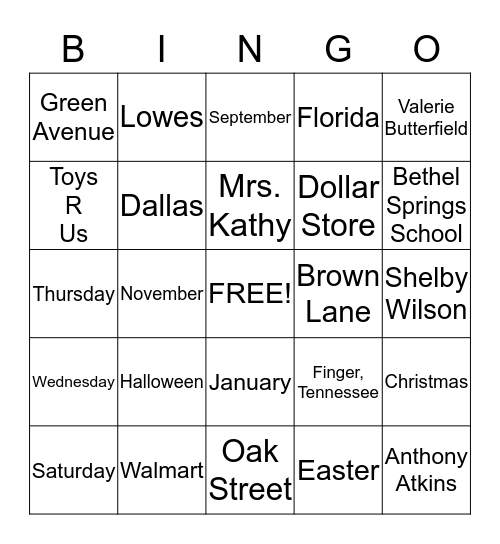 Capital Letter Words Bingo Card