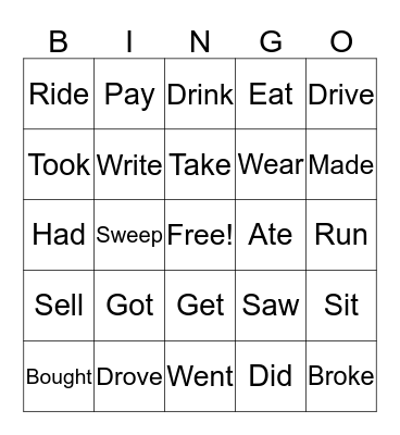 Irregular Verbs Bingo Card