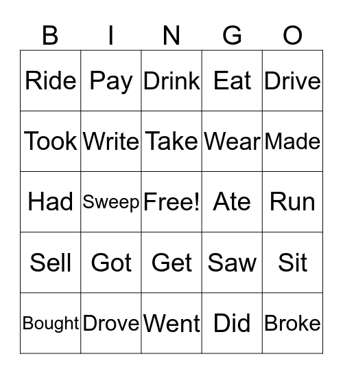 Irregular Verbs Bingo Card