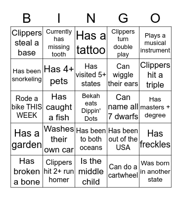 Baseball Bingo Card