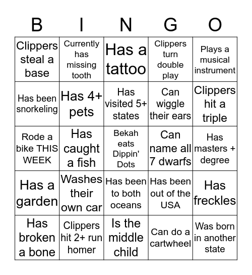 Baseball Bingo Card