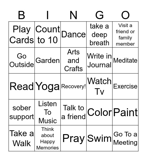 Recovery Bingo Card