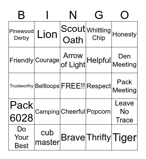 Cub Scout BINGO Card