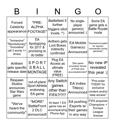 EA Bingo 2018 Bingo Card