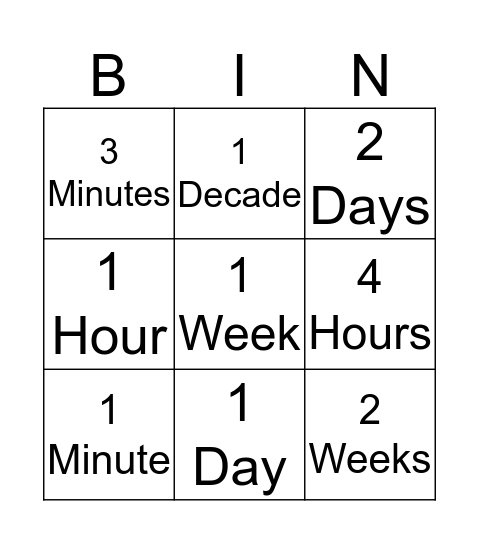 Time Bingo  Bingo Card