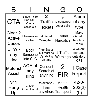 Patrol Bingo Card