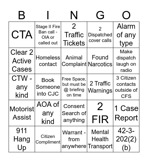 Patrol Bingo Card