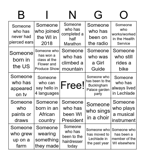 Lechlade WI social bingo  Bingo Card