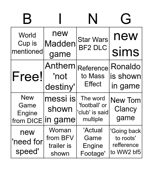 EA E3 Bingo Card