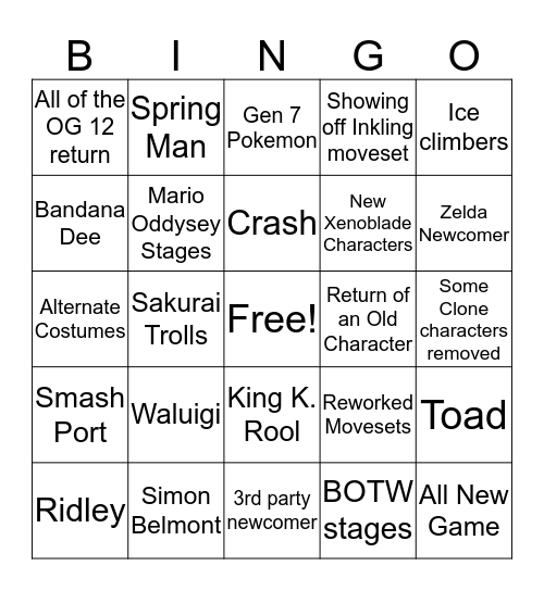 Smash roster bingo Card