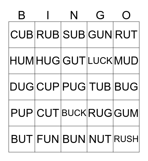 SIGHT WORD BINGO - SHORT U Bingo Card