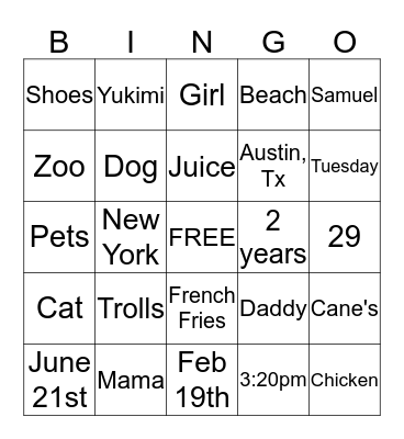 Zoelle Bingo  Bingo Card