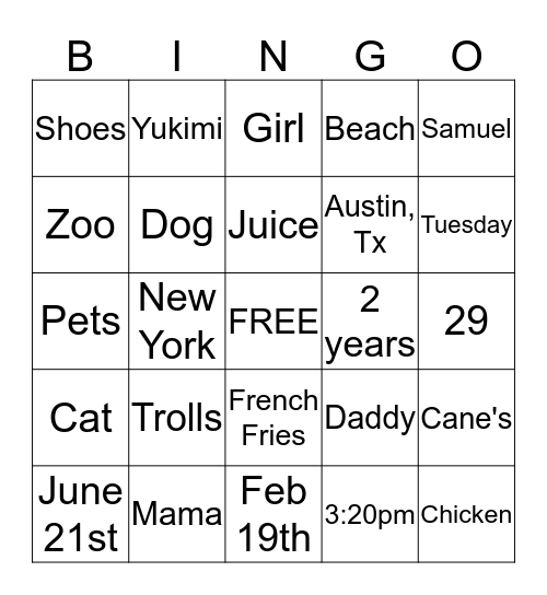 Zoelle Bingo  Bingo Card