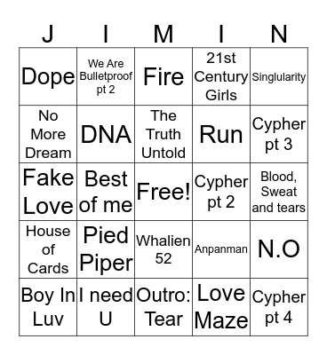 BTS Songs (Callum) Bingo Card
