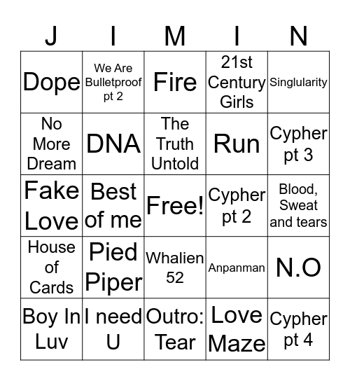 BTS Songs (Callum) Bingo Card