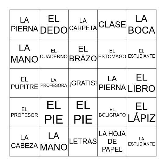 Palabras en español  Bingo Card