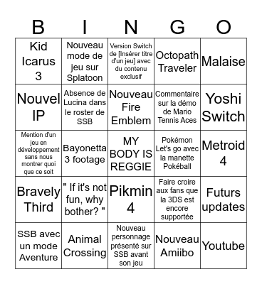 NINTENDO E3 2018 Bingo Card