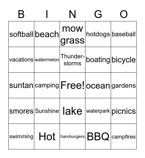 Super Summer Fun Bingo Card