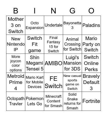 Nintendo E3 Bingo 2018 Bingo Card