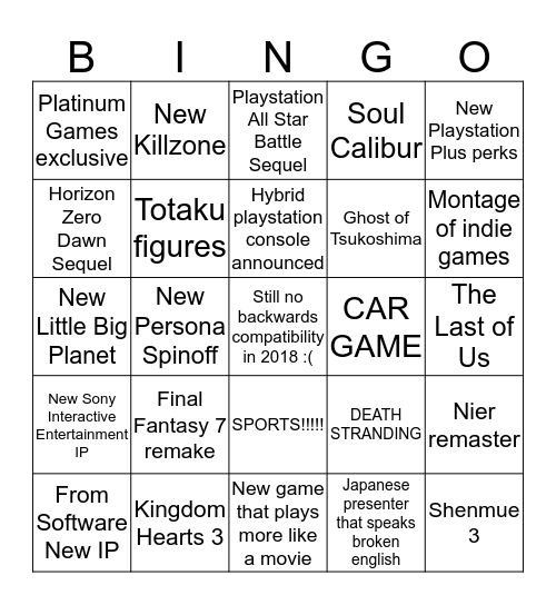 Sony E3 2018 Bingo Card